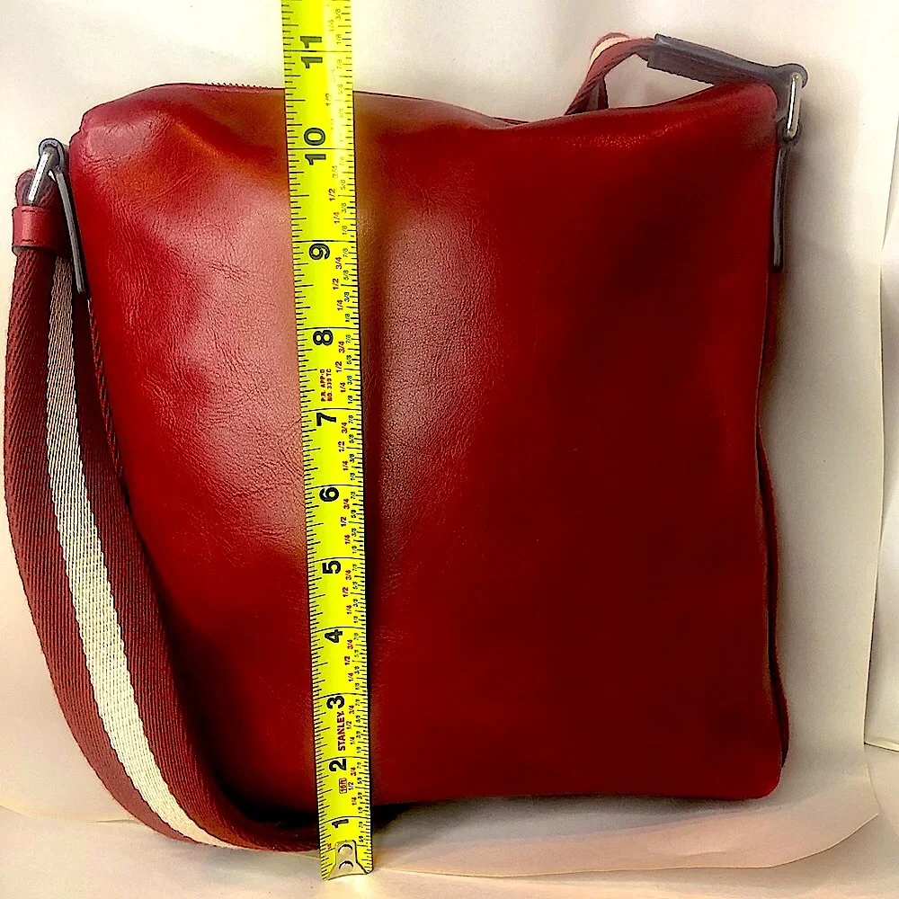 BALLY Red Leather Top Zip Messenger Shoulder Bag w/ Red White Striped Strap